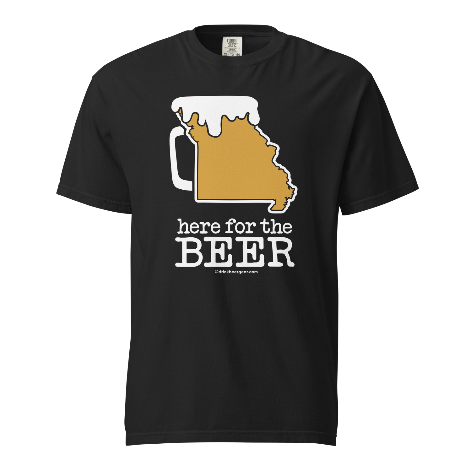 black t-shirt with the state of missouri art to look like a beer mug and the tagline of here for the beer