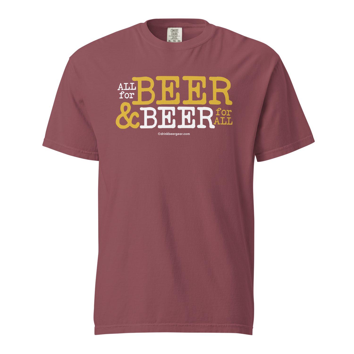 red t-shirt with the funny beer tagline/quote, "all for beer and beer for all"