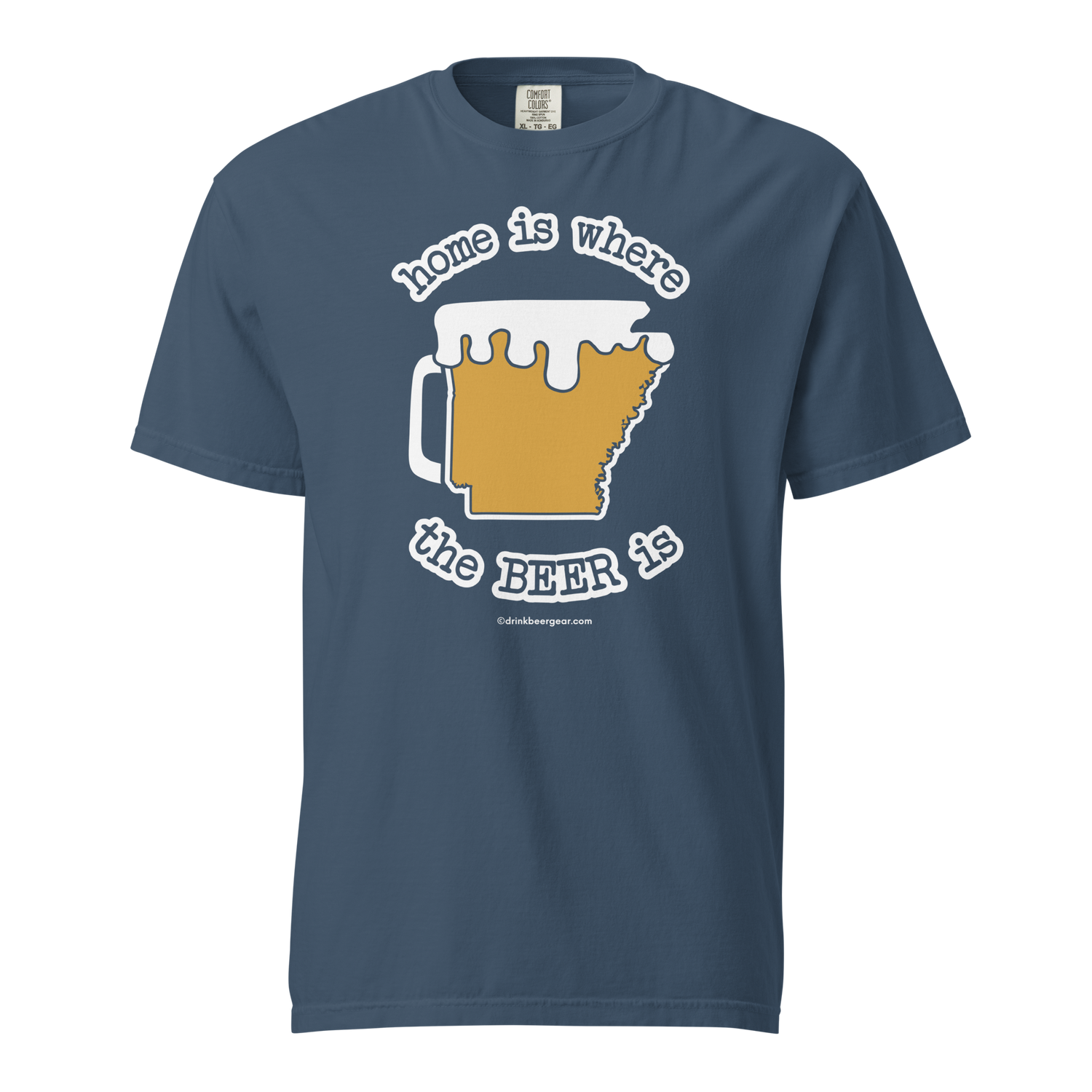 navy blue t-shirt with art that shows the state of arkansas looking like a beer mug and the tag line home is where the beer is